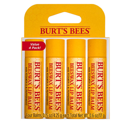 Burt's Bees Beeswax Lip Balm, Vitamin E & Peppermint, 4 Ct