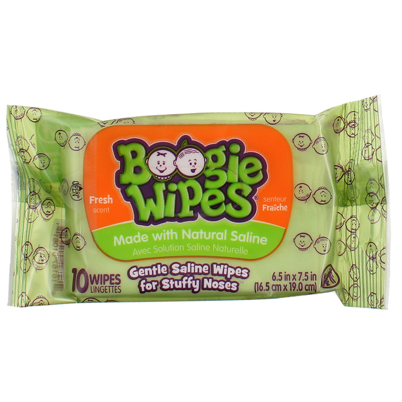 Boogie Wipes Natural Saline Nose Wipes, Fresh Scent, 10 Ct