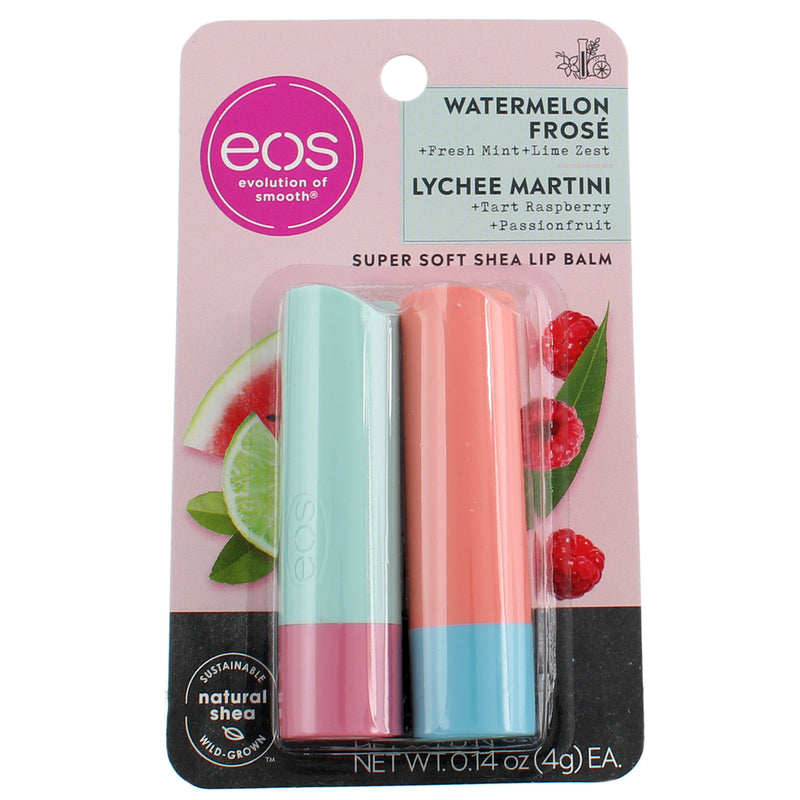 eos Natural Shea Super Soft Lip Balm Stick, Watermelon Frose And Lychee Martini, 2 Ct